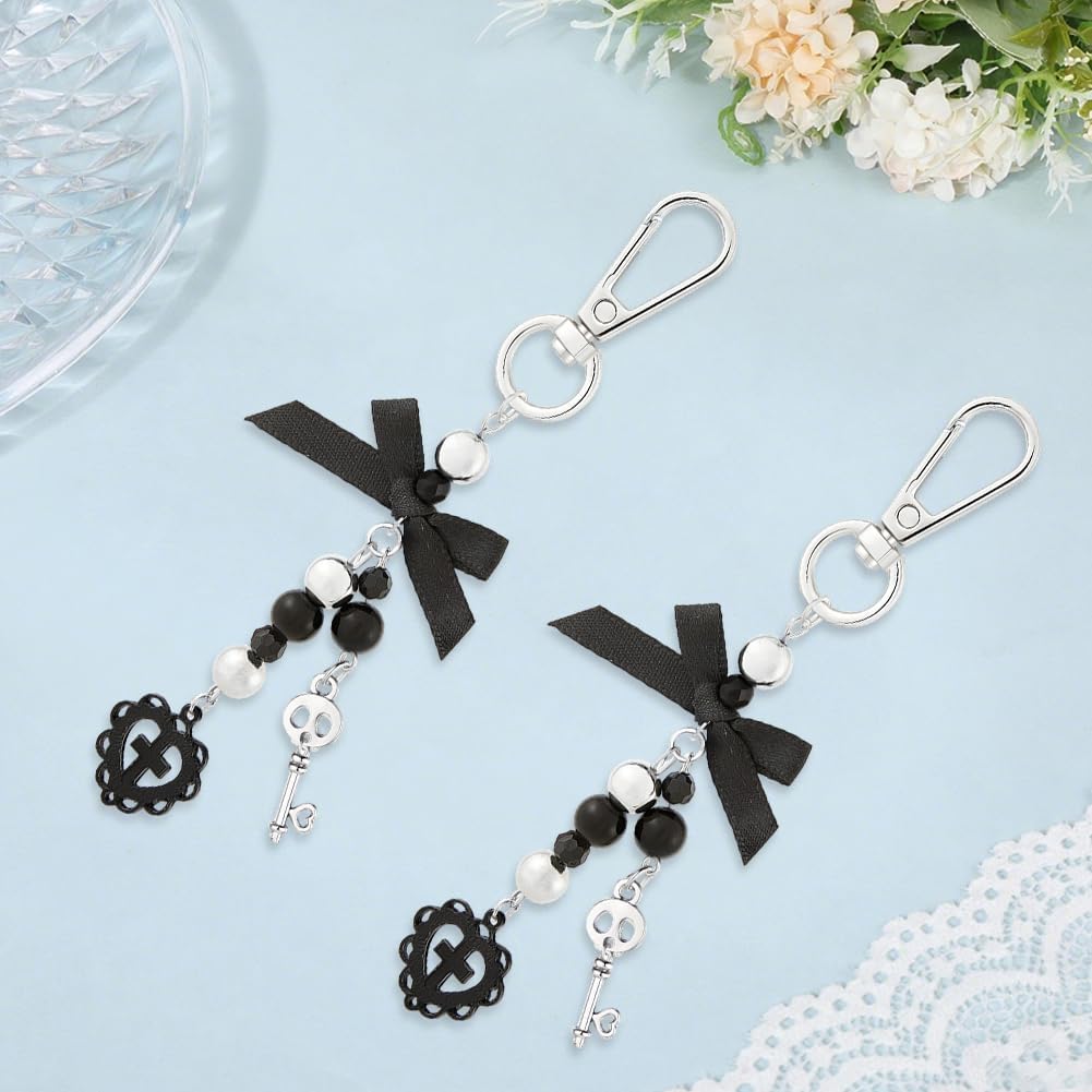 Beebeecraft 2Pcs 5 Inch Gothic Keychain Alloy Black Bow Skull Key Heart Cross with Swivel Clasp for Halloween Horror Cute Bag Charm Decor Keychain for Women Jewelry DIY