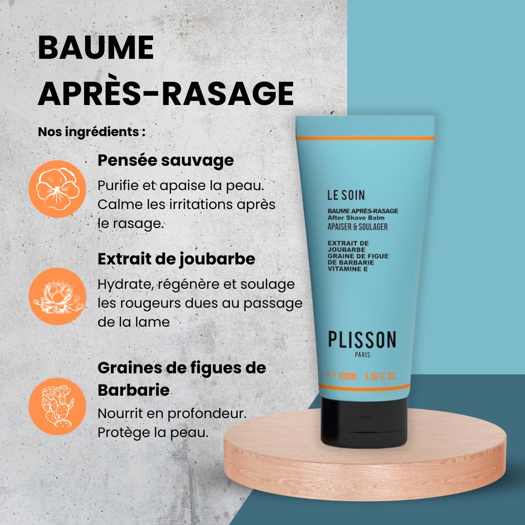 Plisson - Baume Après-Rasage Naturel - Tous Types de Peaux - 97% d’Ingrédients d’Origine Naturelle, Pensée Sauvage, Joubarbe, Grain de Figue de Barbarie et Aloé Véra - Fabrication Française - 100 ml