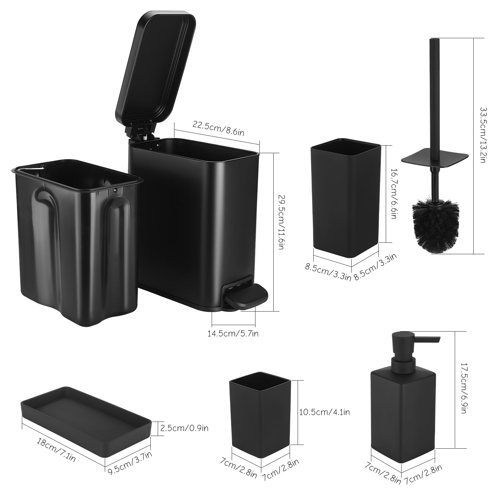 GAHEFY Set di 5 accessori da bagno con pattumiera in acciaio inox da 5 litri, scopino per WC con supporto, dispenser per sapone, portaspazzolino e vassoio, organizer da bagno nero opaco