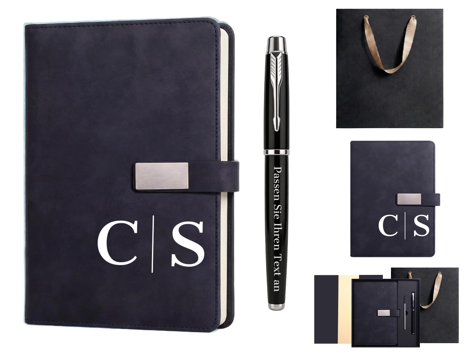 Personalisiertes A5 PU Leder Notizbuch Set mit Stift -Tagebuch als Geschenk für Kollegen,Männer & Frauen, zum Abschied,Geburtstag oder neuen Job (Schwarz, Ohne USB-Stick)