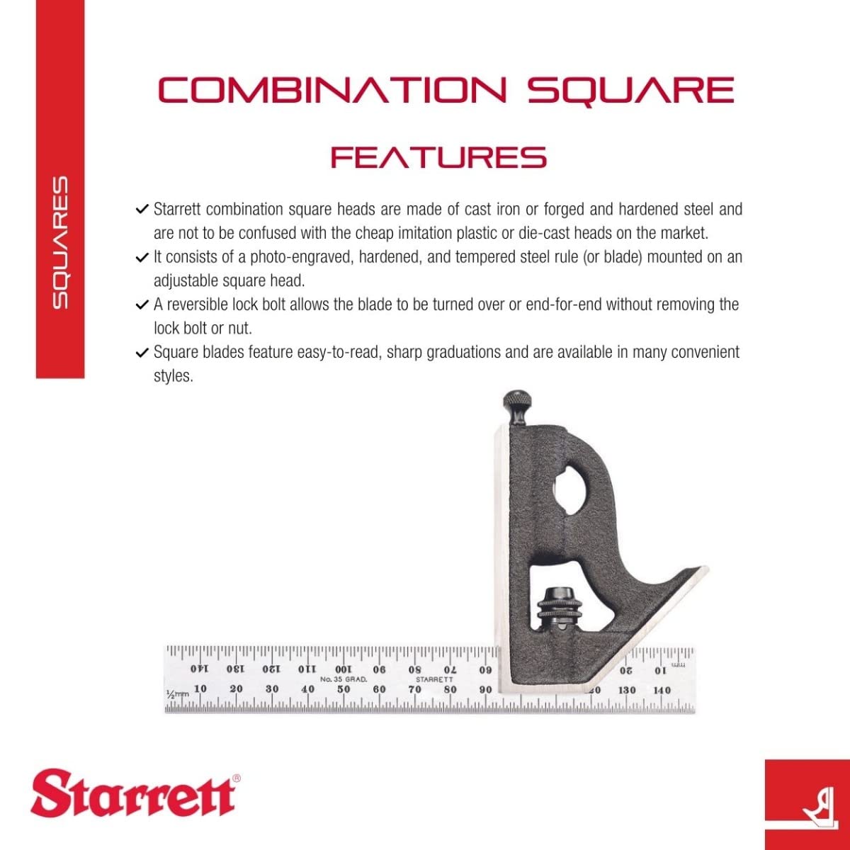 Starrett, Squadra combinata con elemento angolare, 150 mm, 11MH-150