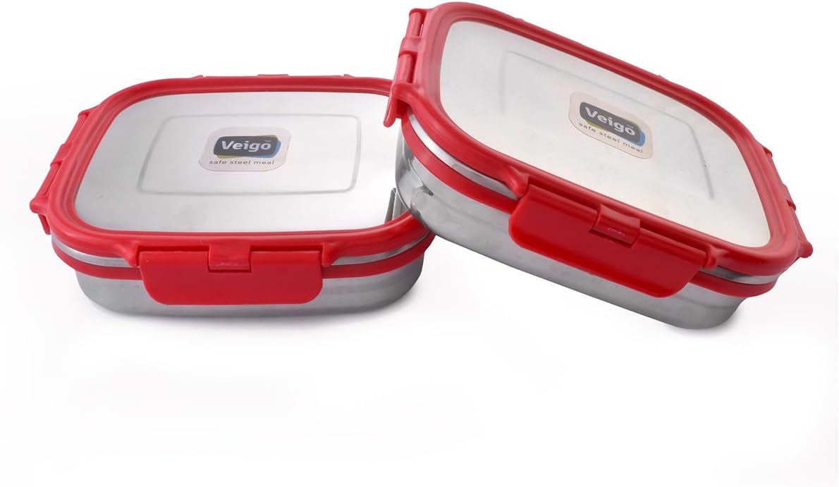 Premium Finish Lock N Steel 2 Pcs Container (2 Big), Airtight Leakproof Lunch Box Sleek & Compact Design Easy to Fit Into Any Bagpack Perfect for Office,School,Outdoor- Red 600ml+600ml