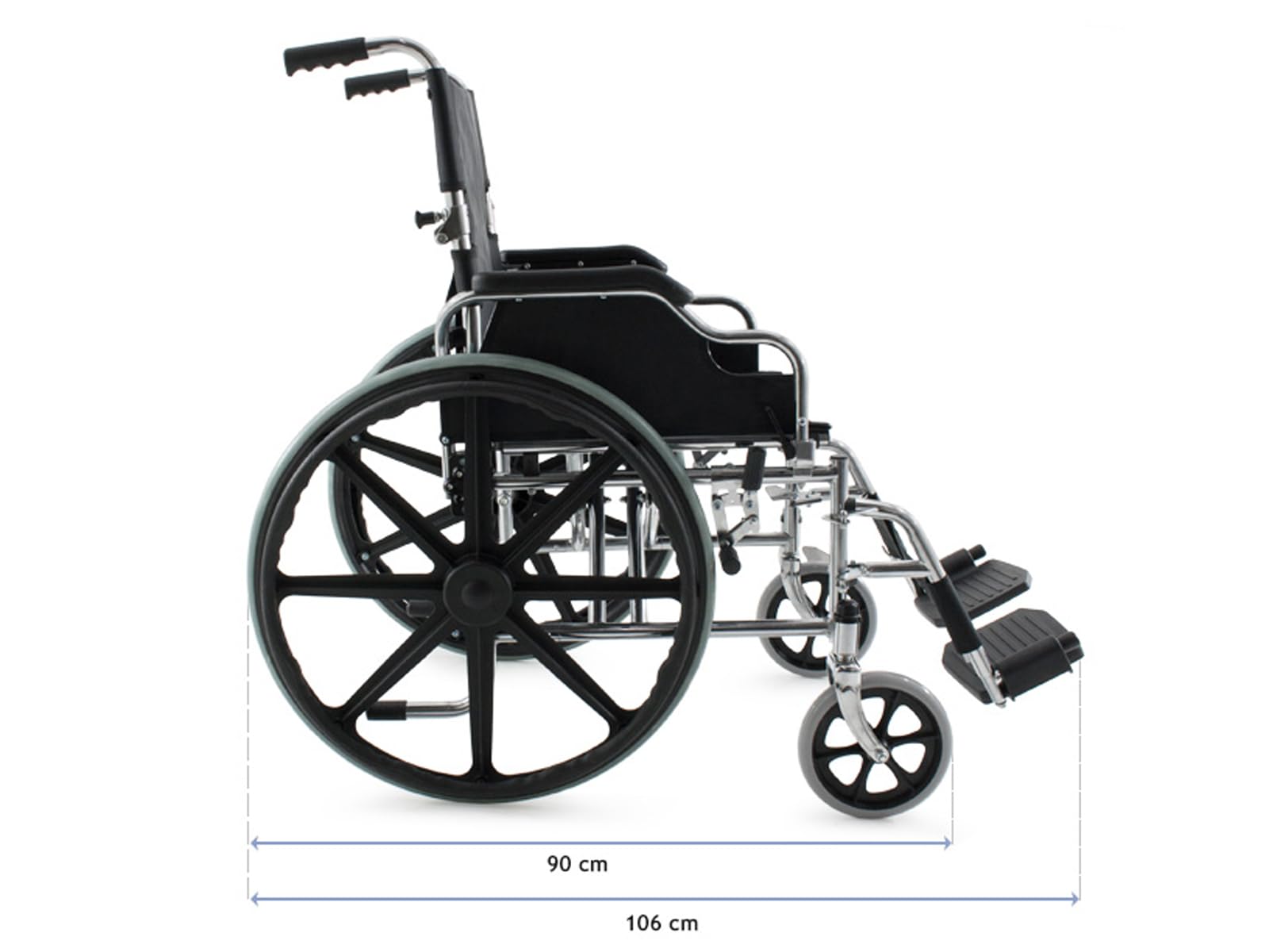 Silla de Ruedas Plegable PRO de Acero Cromado | Reposabrazos Abatibles y Reposapiés Desmontables | Respaldo Plegable | Frenos Manuales | Hasta 125 kg