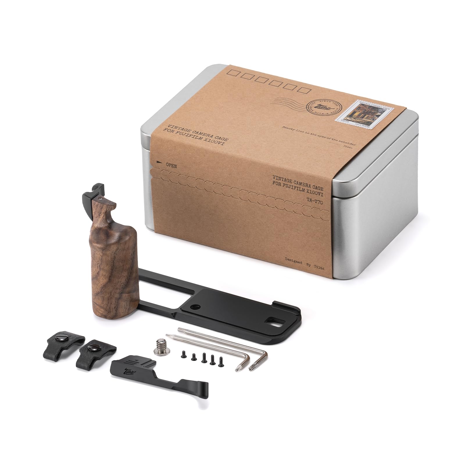 Tilta X100VI Cage Vintage Camera Cage Base Kit Compatible avec X100VI, Mounting Baseplate with Wooden Grip - Black TA-T70-A-B