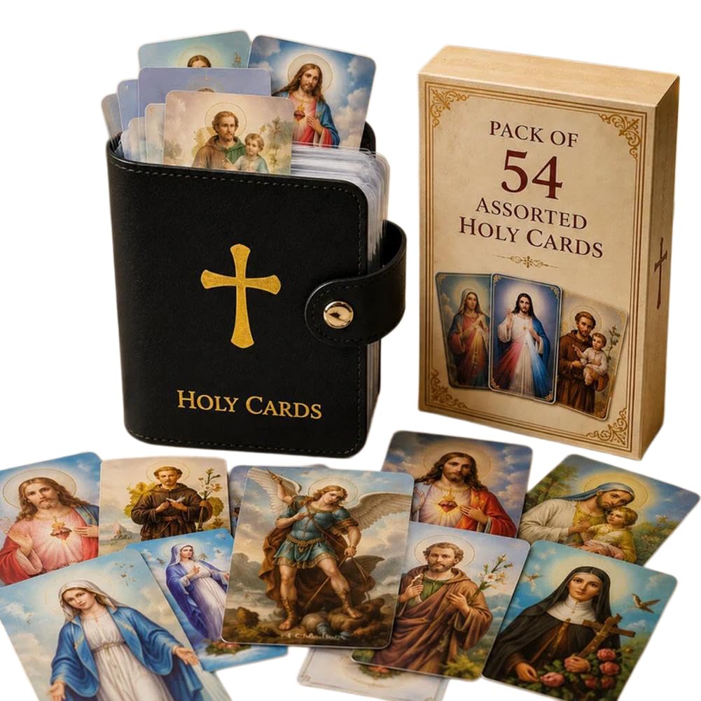 Catholic Prayer Card Set with Leather Holder,54 Catholic Prayers Cards with Pocket Holy Card Organizer,Snap Closure Devotional Cards Case for Mass,Daily Prayer & Religious Gifts