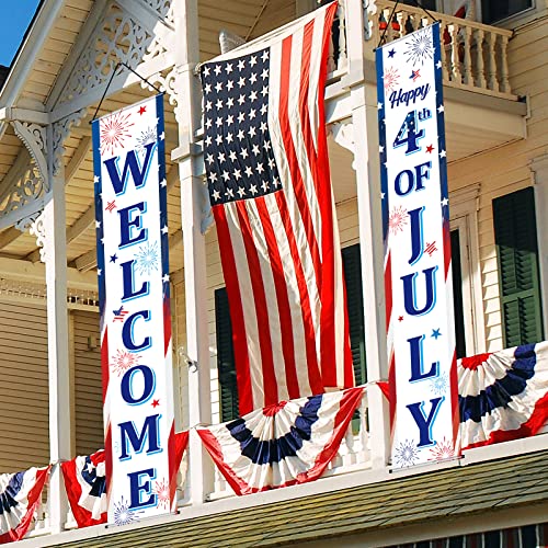 Image of Blulu 2 Pcs 4th / Fourth of July Banners Decorations for Outdoor Hanging Welcome Porch Sign Patriotic Independence Day Hanging Flag Memorial Day Banners Decorations for Party Door Home(Stylish Style)
