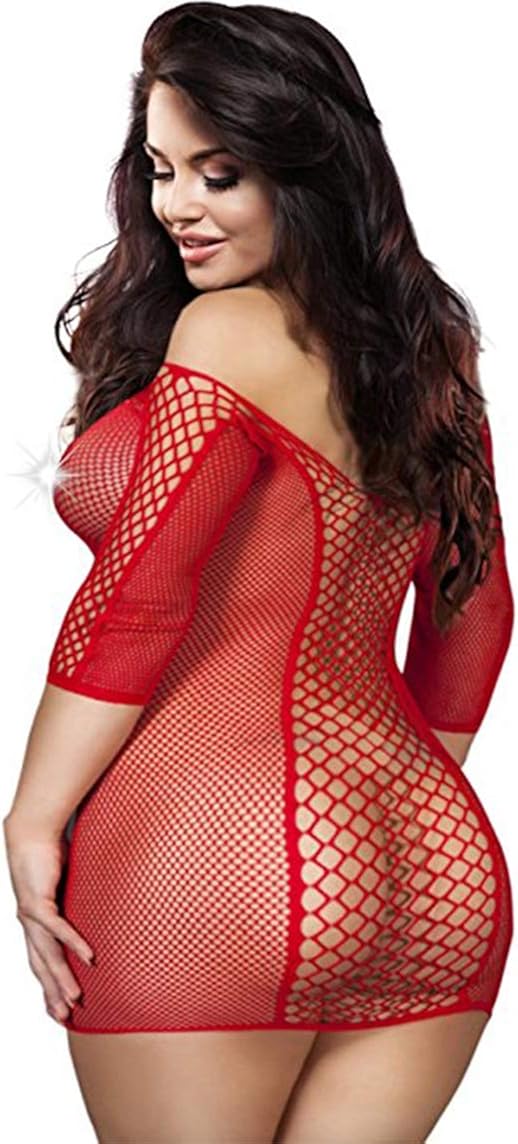 Miniatura 3 de LOVELYBOBO Paquete de 2 mallas sin costuras para mujer de talla grande lencería sexy agujero de malla mangas completas negrorojo