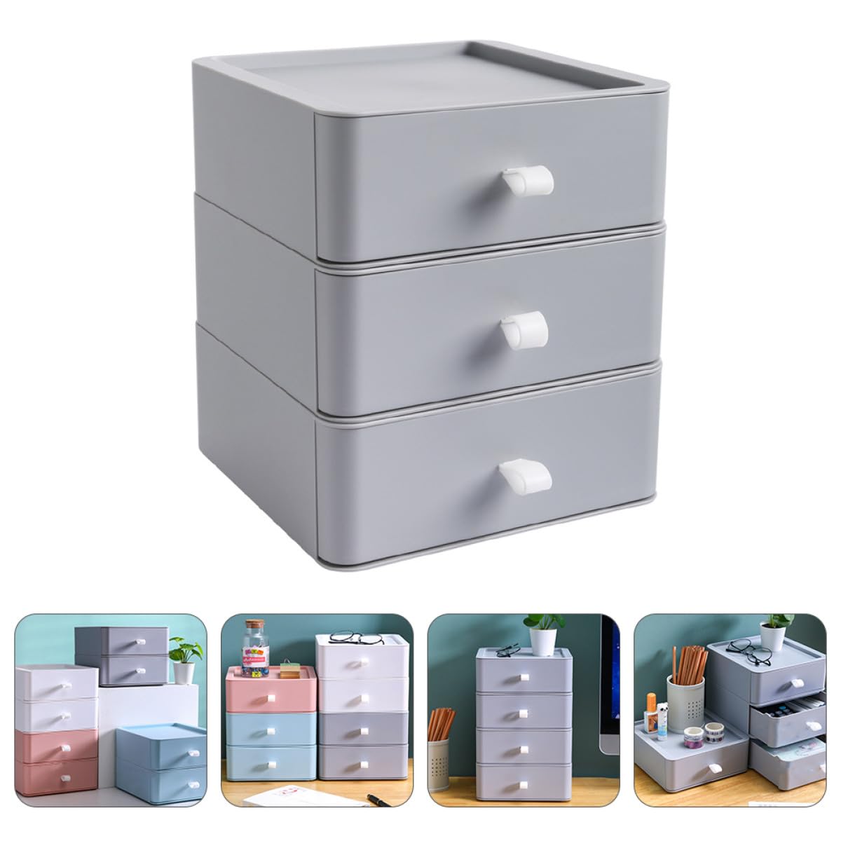 Organizzatore da Scrivania Multi-cassetto Grigio in Plastica Resistente Tre Strati e Cassetti a Corda, Scatola Portaoggetti per Ufficio e Toeletta, Supporto di Stoccaggio