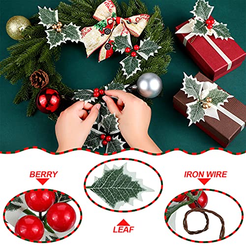 48 Pieces Artificial Holly Berries With Green Leaves Gold Red Holly Berry Stems With Leaves Artificial Holly Leaves And Berries For Christmas Wreath Arrangement Cake Toppers Craft Wedding Party Home #TOP2
