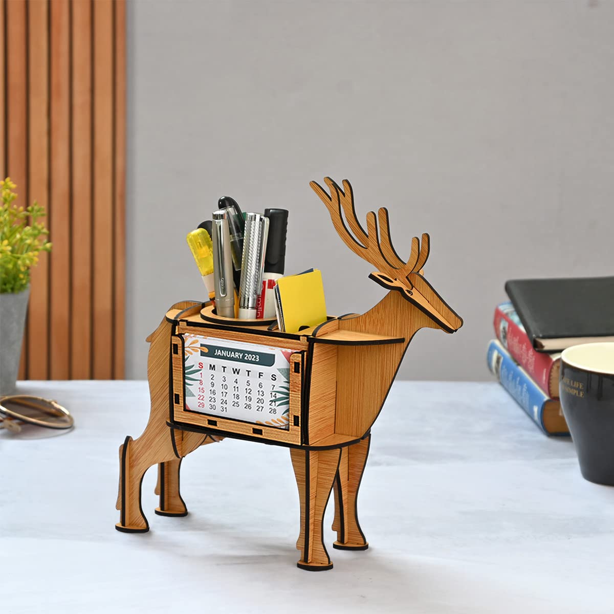 Gift Kya De GKD Deer Showpiece & Desk Organizer With Desk Calendar 2023 & Table Clock, 3D Wooden Deer Figurine Is Unique Gift & Office Desk Decoration Items (Eco Friendly Made In India) (Bamboo)