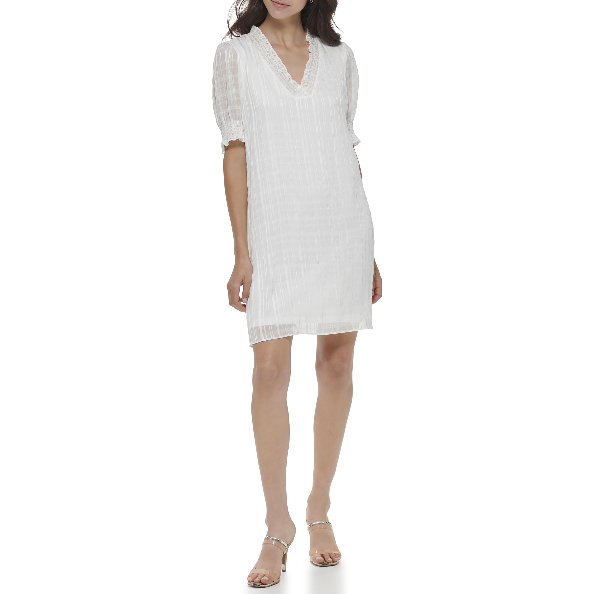 DKNY Casual Smocked Sleeve Vneck Dress Vestido Mujer