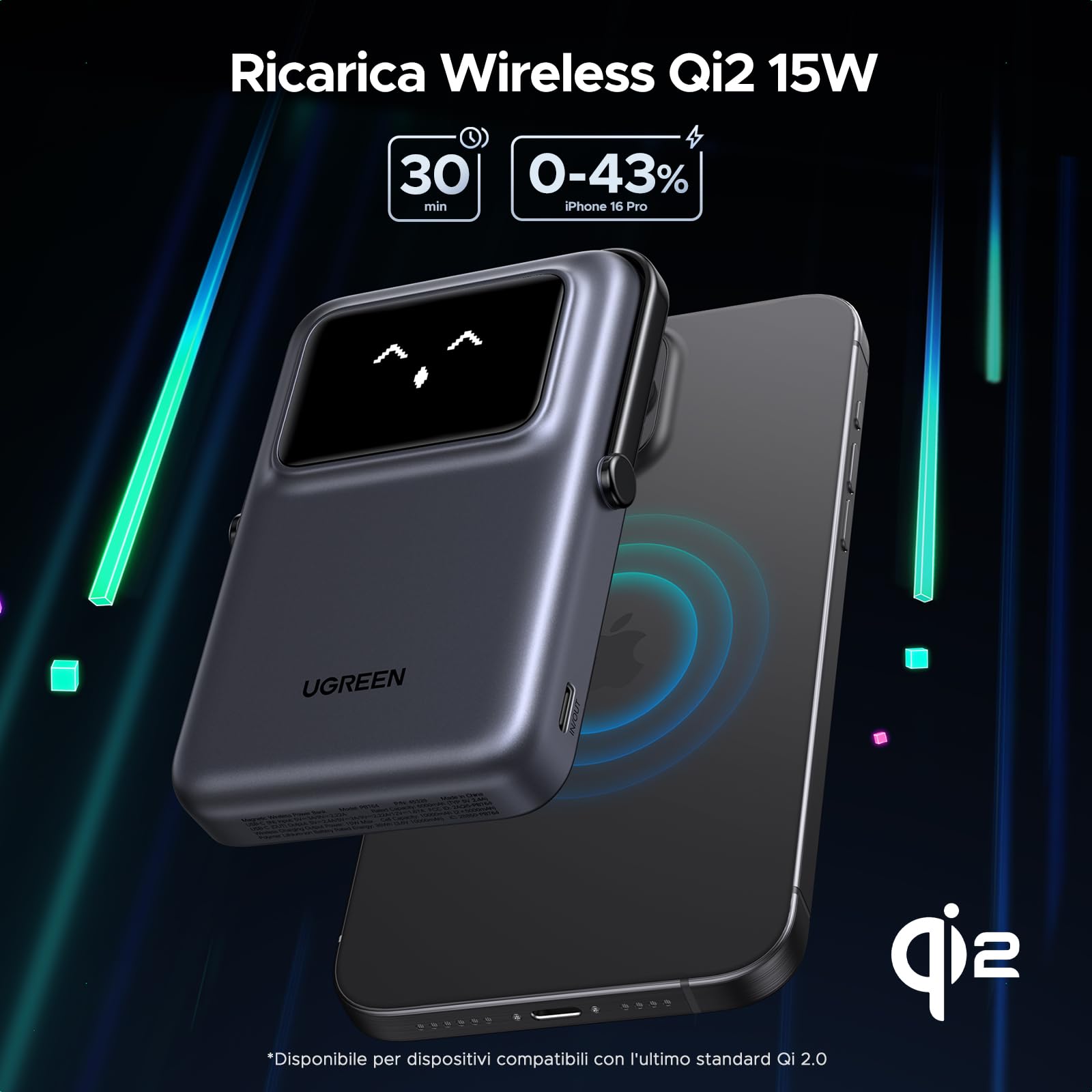 UGREEN Uno Qi2 15W Power Bank Magnetico 10000mAh, Caricatore Portatile PD 20W con Cavo USB C, Power Bank Wireless con Display e Supporto, Compatibile con iPhone 16/15/14/13/12 Mini Plus Pro Max (Nero)