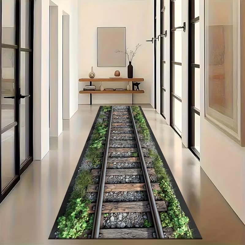 Railway Runner Rug, 60x300cm Train Track Grass Cobblestone Train Runway Fun Runner Rugs, Non-Slip Durable Absorbent Easy Clean Long Hallway Carpet for Living Room Bedroom Dining Room Bathroom