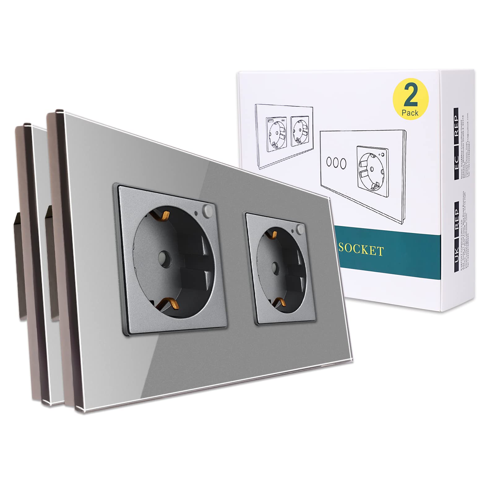 CNBINGO Presa Schuko WLAN da incasso, 16 Amp vetro Smart presa da lavoro con Alexa(Echo, Echo Dot), Google Assistant, controllo app, solo 2,4 GHz WiFi, 2 scomparti, grigio, confezione da 2 pezzi