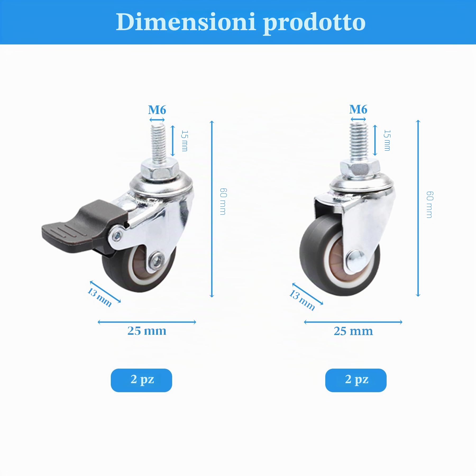 CiciIng Ruote per mobili, 4 pezzi, 1 pollice, capacità di carico 40 kg, freni e rotazione a 360°, TPR e metallo