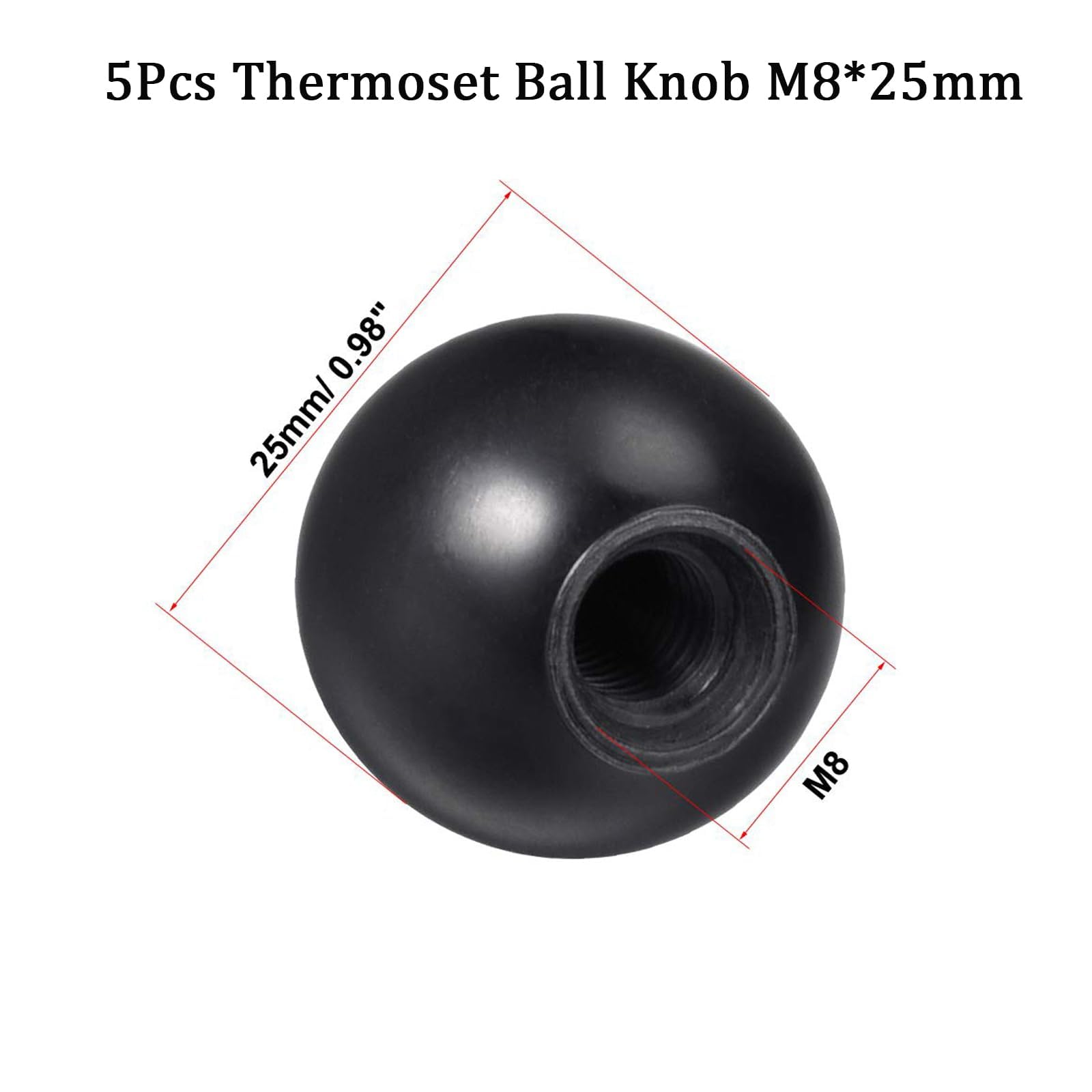 TOP-VIGOR M8 Female Thread Thermoset Ball Knob 5Pcs, 25mm Diameter Thread Thermoset Ball Knob Embedded Threaded Knob Smooth Rim Black - Image 2