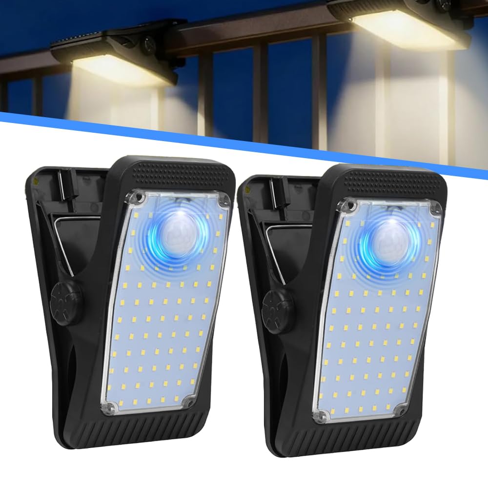 SKIKHN Clip On Solar Lights Outdoor, 2 Pack Solar Motion Sensor Lights, IP65 Waterproof, 3 Modes Solar Security Lights Outdoor Motion Sensor, USB Rechargeable Clip Solar Lamp for Garage Patio Fence