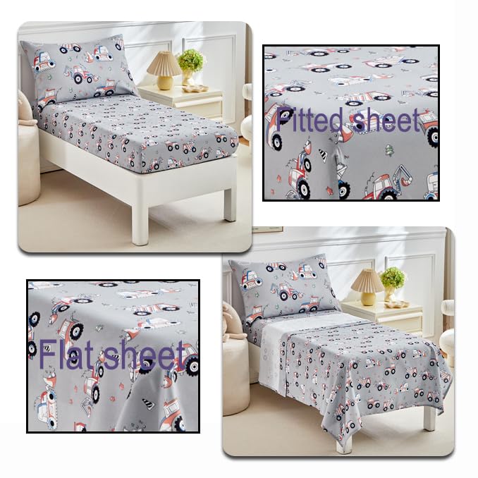Image of Construction Toddler Bedding Set for Boys,4 Pieces Gray Toddler Comforter Set,Truck Vehicles Excavator Cars Printed,Soft Crib Bed Sheets Set Includes Comforter,Flat Sheet,Fitted Sheet and Pillowcase