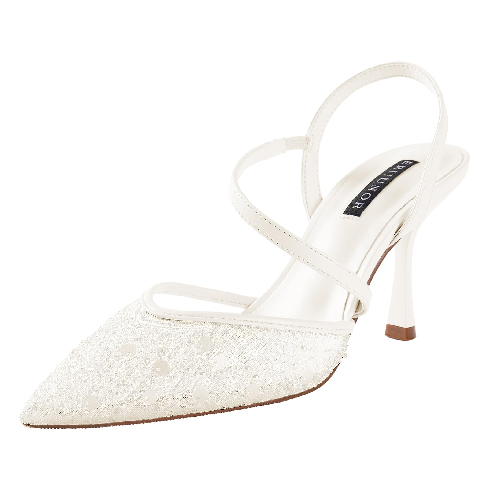 ERIJUNOR Slingback-Schuhe für Damen, Brautschuhe, Spitze, Netzstoff, Kitten-Heels, spitzer Zehenbereich, Perlen, Perlen, Pumps