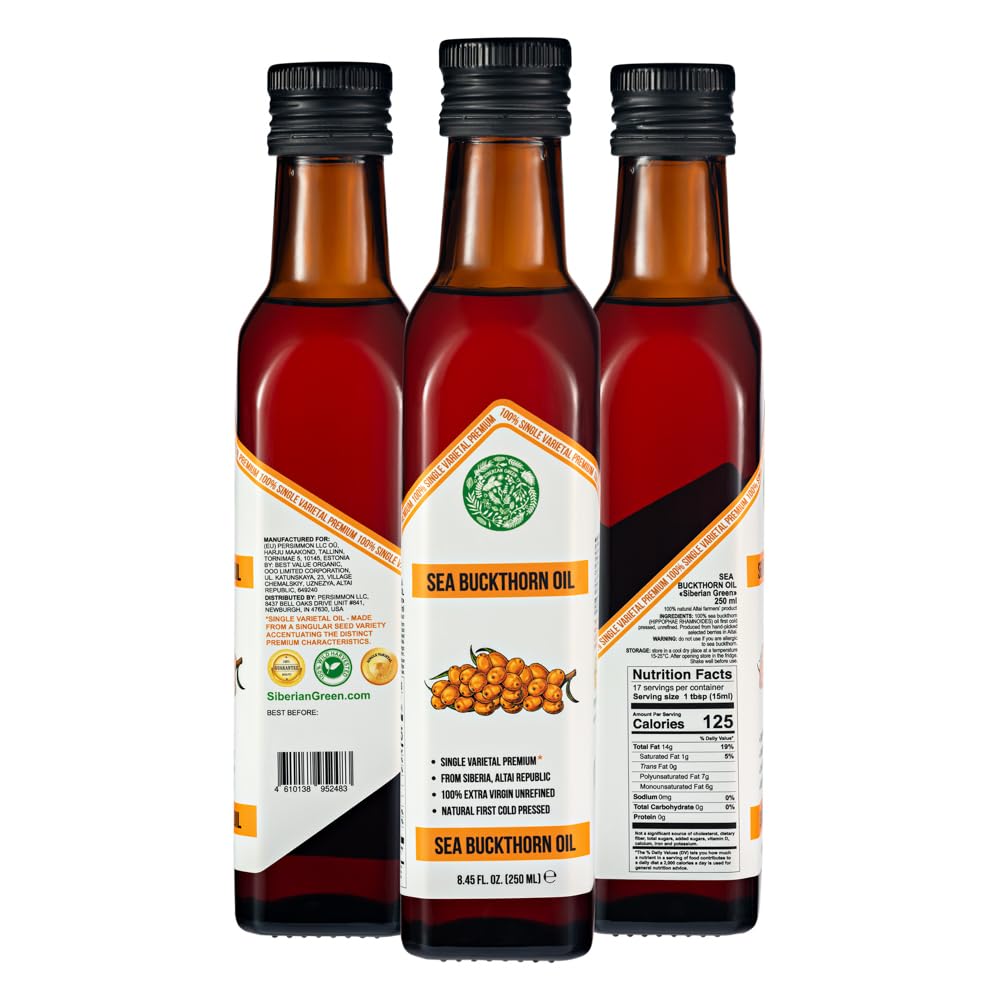 Aceite de Espino Amarillo Verde Siberiano – 250 ml Aceite de Fruta Hippophae Monovarietal, Virgen Extra Sin Refinar, Prensado en Frío