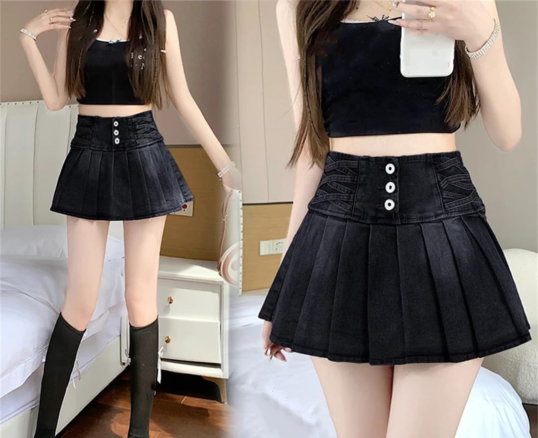 Mini gonne da donna in denim tinta unita pieghe cintura abbottonatura A-LINE