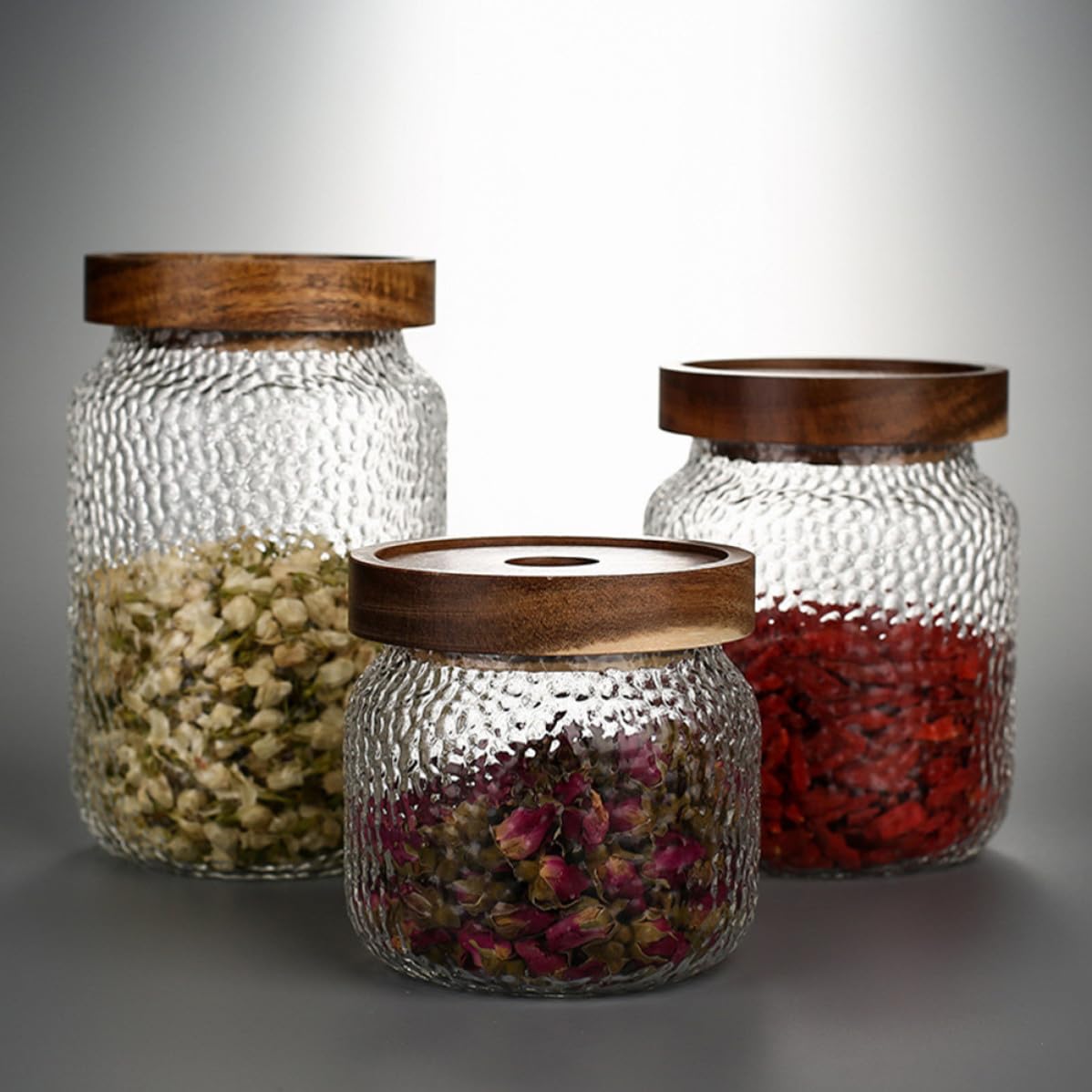 jojofuny Frascos de Vidrio con Tapa de Madera de Acacia, Capacidad 350ml 500ml 700ml, Recipientes Herméticos para Almacenamiento de Café y Té en Cocina