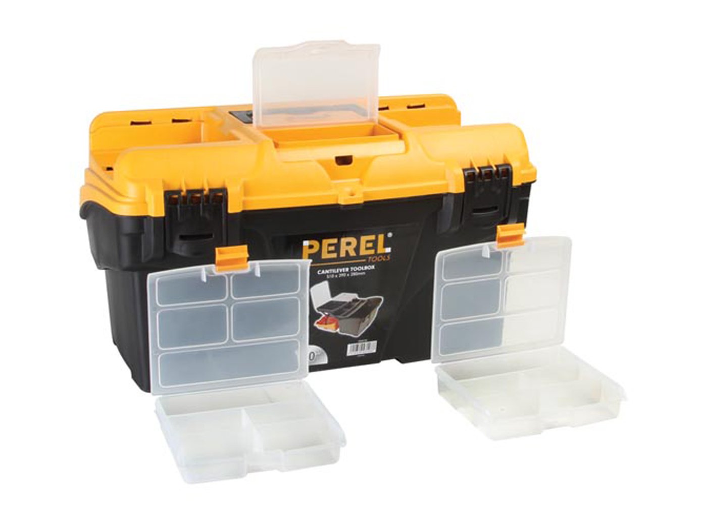 Perel Boîte à outils, polypropylène, avec système cantilever, 1 organiseur dans le couvercle et 2 plateaux porte-outils dans le couvercle, poignée rabattable et prises latérales, fermetures en
