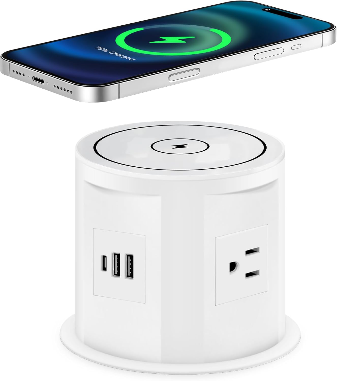 Pop Up Outlet for Countertop with 15w Wireless Charger, 4.7-Inch Pop Up Outlet with 4 Outlets and 2 USB-A, 1 USB-C, Pop Up Power Outlet for Kitchen Countertop, Conference Room, Study Room (White)