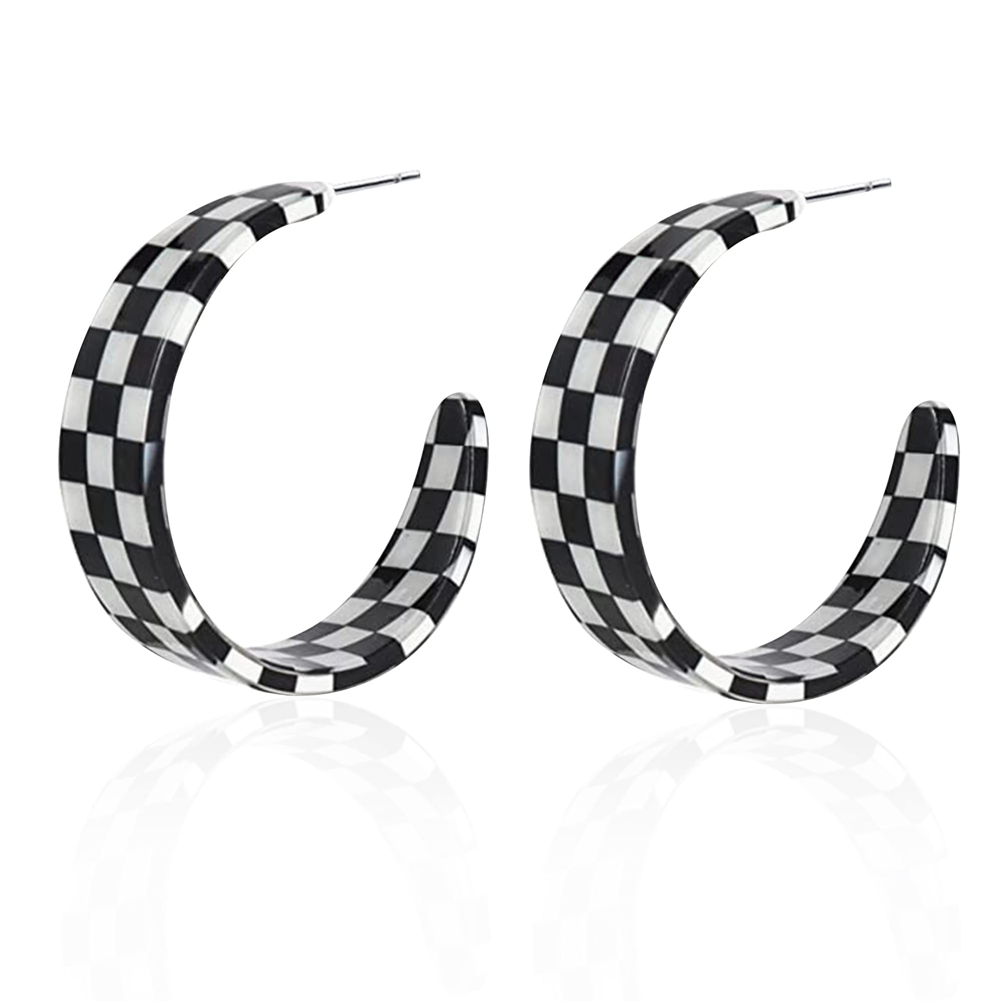 Funky Chunky Checkered Big Grid C Shape Hoop Earrings Red Resin Acrylic Resin Christmas Piercing Buffalo Plaid for Women Y2k Lightweight Xmas Jewelry