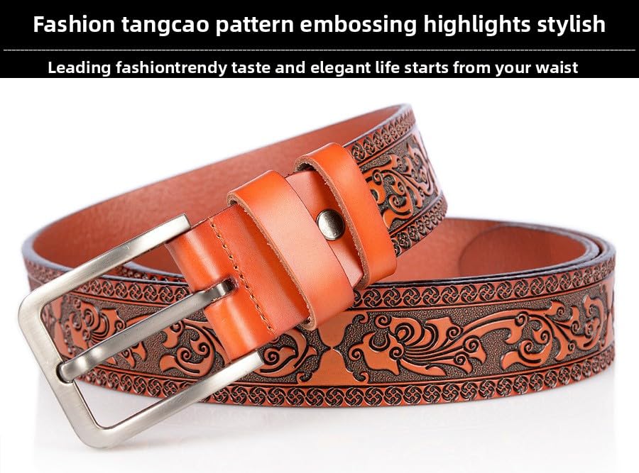 Men's Genuine Leather Belt for Casual & Dress - Floral Embossed Design, Heavy Duty Alloy Buckle, Soft Cowhide Strap2