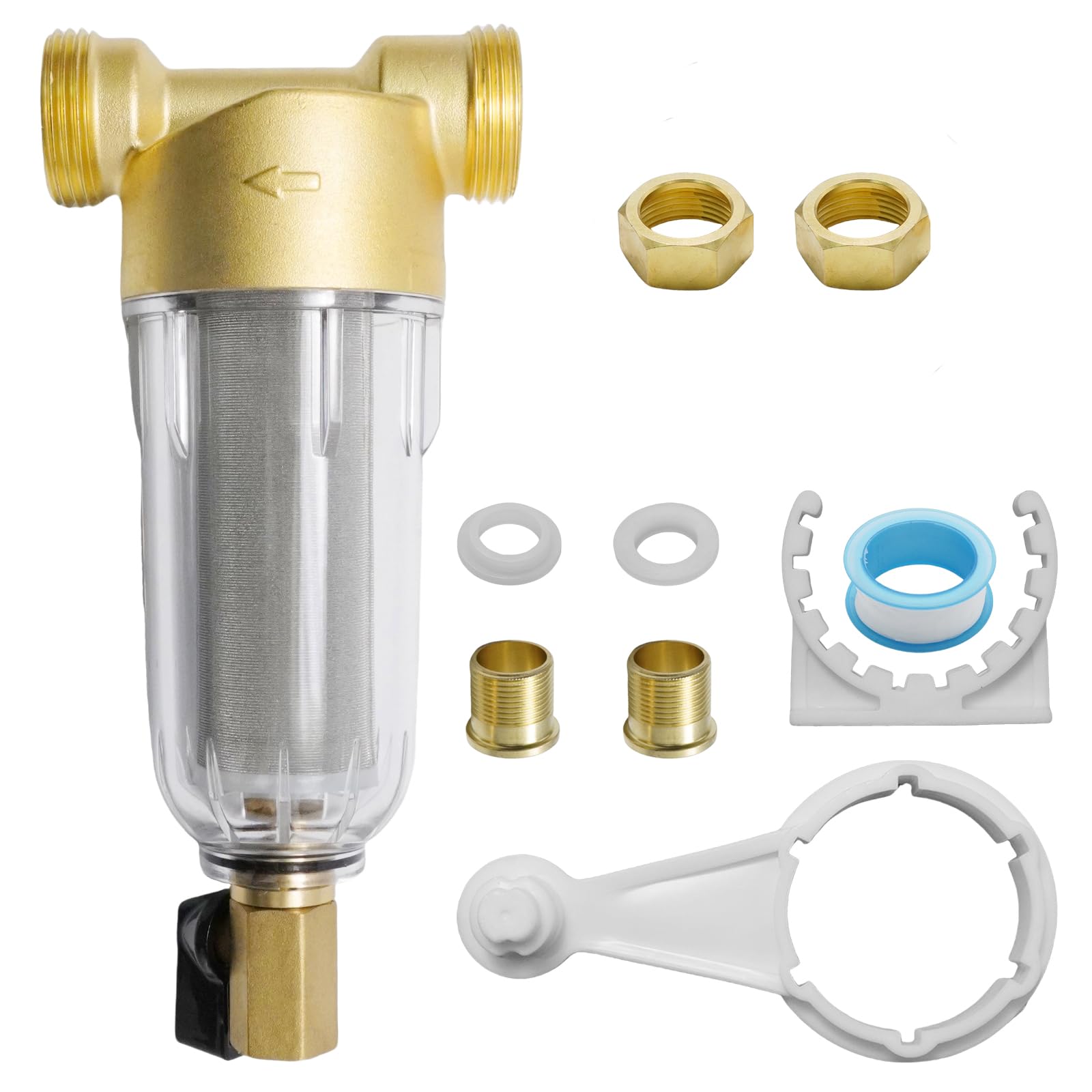 Wiederverwendbar Wasserfilter Vorfilter, 1 Zoll mit 3/4" Adapter, 40 Mikron Edelstahl Filternetz, Transparentes Gehäuse für Waschmaschine Hauswasser