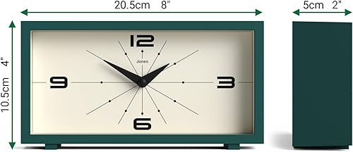 Miniatura 4 de JONES CLOCKS Reloj de escritorio Odeon Diseño rectangular moderno Verde Elegante aspecto retro para estante, mesa, mantel o mesita de noche