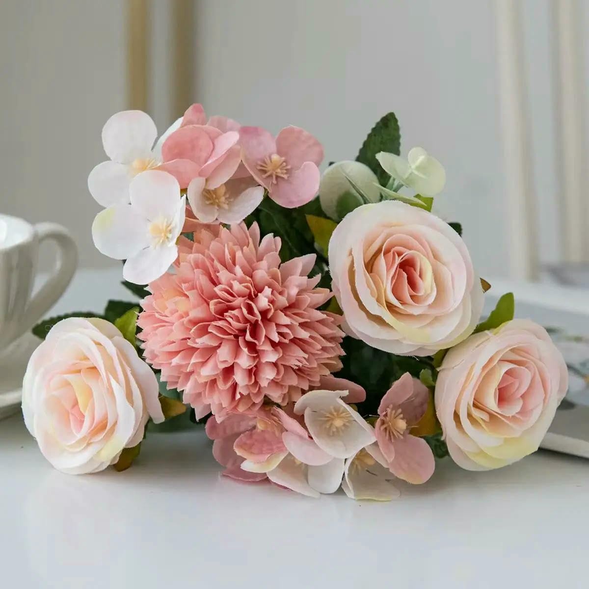 Ayhtud Pink Artificial Flowers Retro Silk Rose Bouquet Hydrangea Peony Vintage Bride Holding Fake Plants Home Wedding Decoration Accessories
