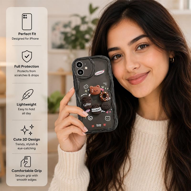 Image of ZR023 Compatible for iPhone 12 Cute Teddy Bear Design Back Cover | Soft Silicone Shockproof Protective Case | Slim Fit Stylish Camera Protection Phone Cover - Transparent Black