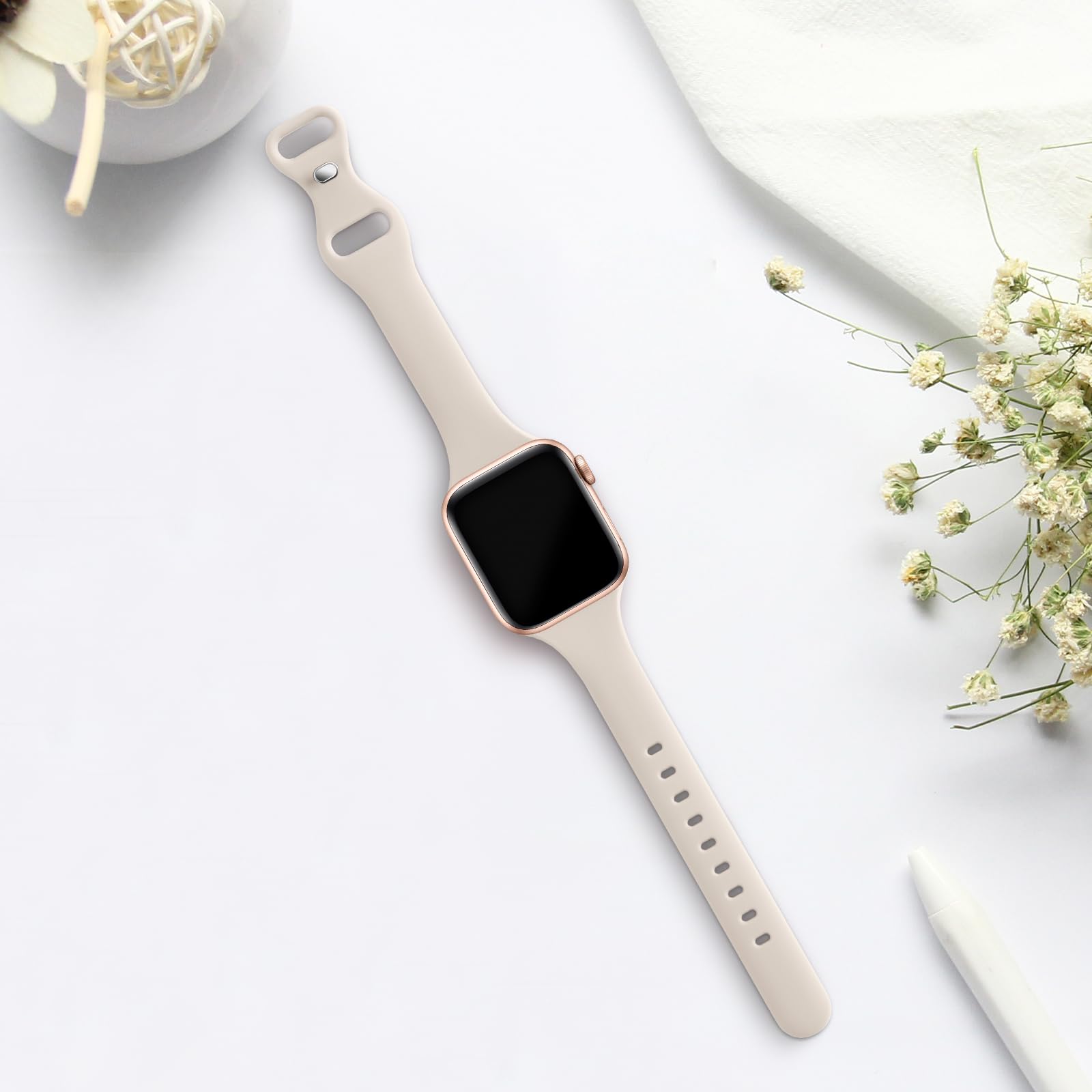 Slim Thin Band Compatible with Apple Watch 38mm 40mm 41mm 42mm 44mm 45mm 46mm 49mm, Replacement Silicone Sport Strap Wristbands for iWatch Series 9/8/7/6/5/4/3/2/1 Ultra/2 SE Women Men, Starlight