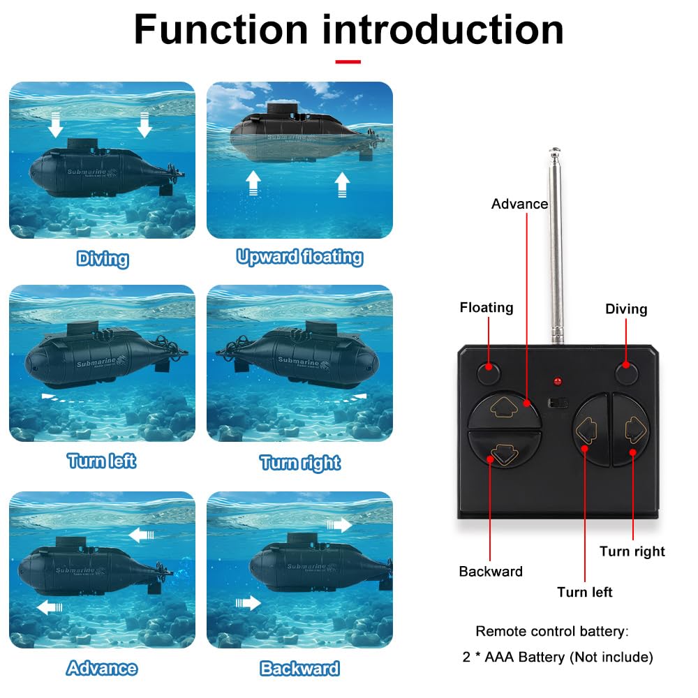 Mini Submarino Teledirigido Niño, 2,4G Barco RC Sumergible con Luces LED 6 Canales, Barco Submarino Gira 360, Juguete Agua Control Remoto Eléctric Niños en Piscina Verano, Regalo niños 6 a 12 Años