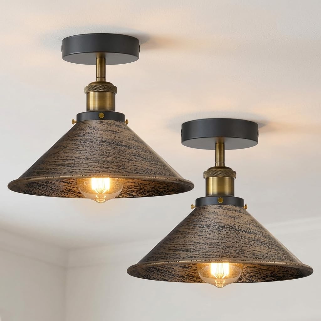 LEDSone Pack of 2 Vintage Flush Mount Ceiling Light Fixture 22cm Cone Brushed Copper Cone Lampshade Industrial Metal E27 Lamp Holder Ceiling Lighting for Bedroom Living Room Kitchen with Bulb
