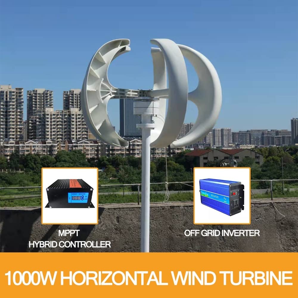 Windkraftanlage, 1000 W Windkraftanlage 12 V 24 V Vertikalachsen Windgenerator Kleine Windmühlenenergie mit MPPT-Laderegler Heimgebrauch,die haltbarer und stärker gegen Wind ist(White,MPPT CONTROLLER