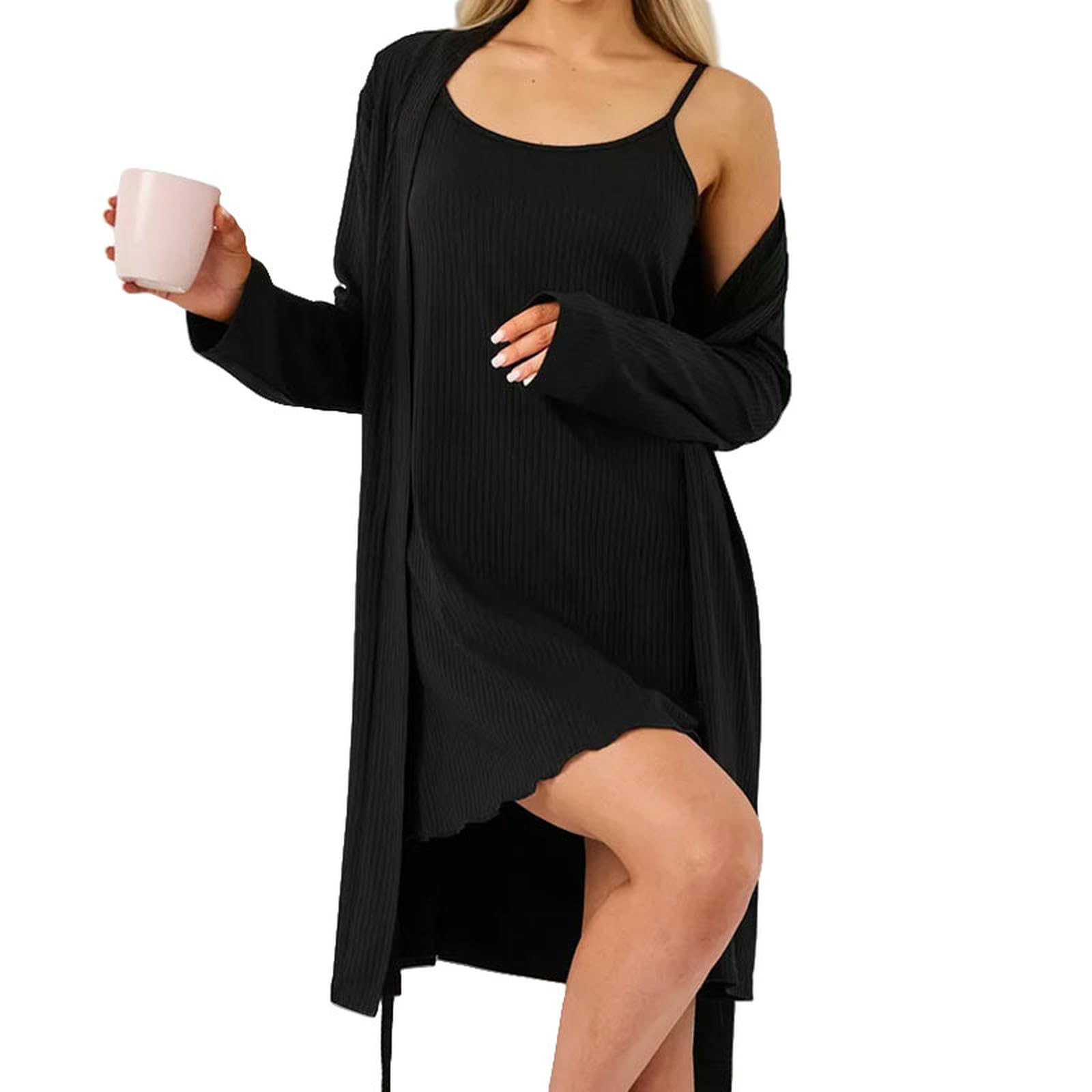 Camicia Notte Donna Nightdress Autunno E Abito Due Pezzi Set per Il Pigiama dei Vestiti da Casa da Donna-nero-2xl