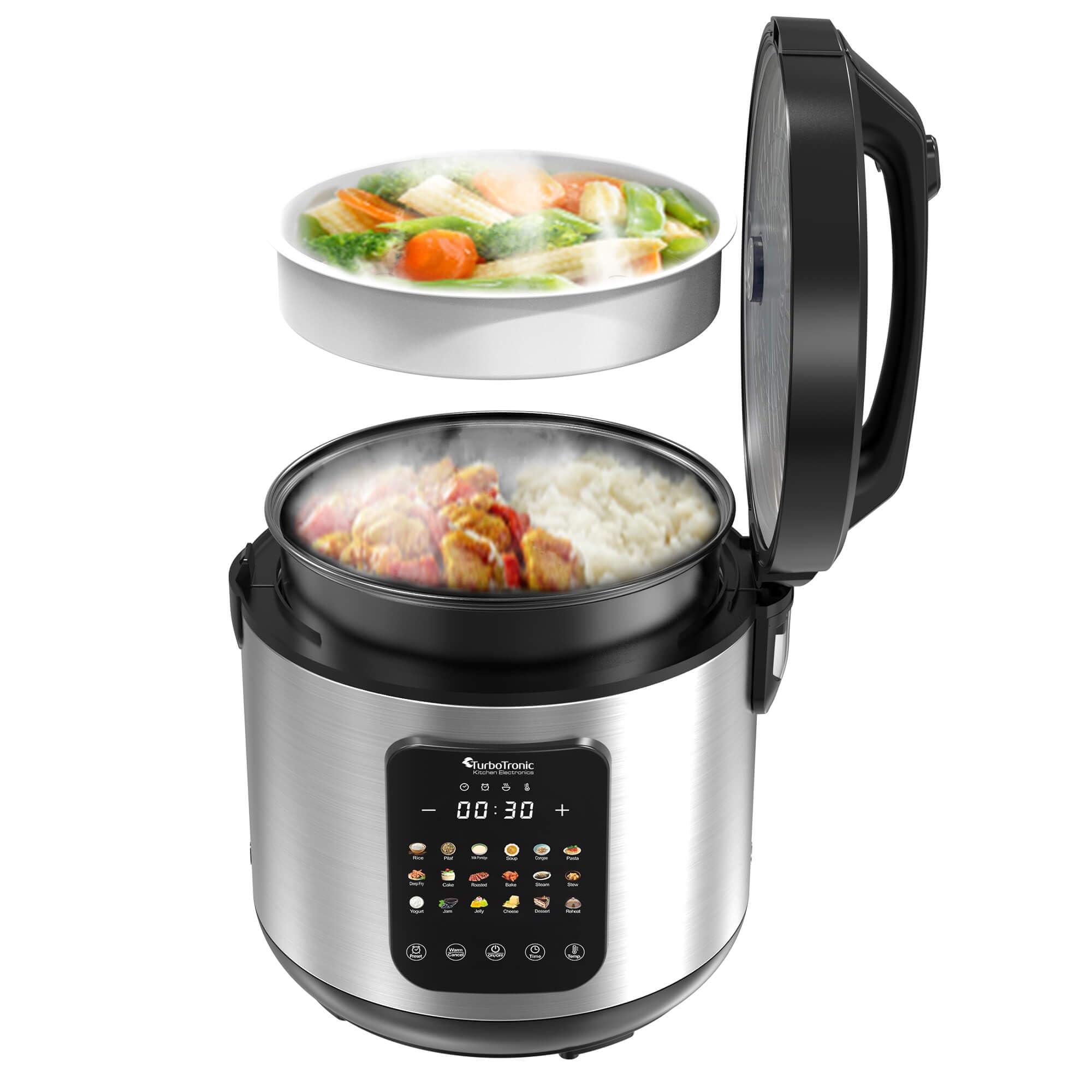 TurboTronic MultiKocher DMC18 neues 2024 Modell 5L mit Schongarer 860W Elektrisch, Dampfgarer, Reiskocher, Slow Cooker & 18 Programme, Milchreis, Multivarka (Silber)