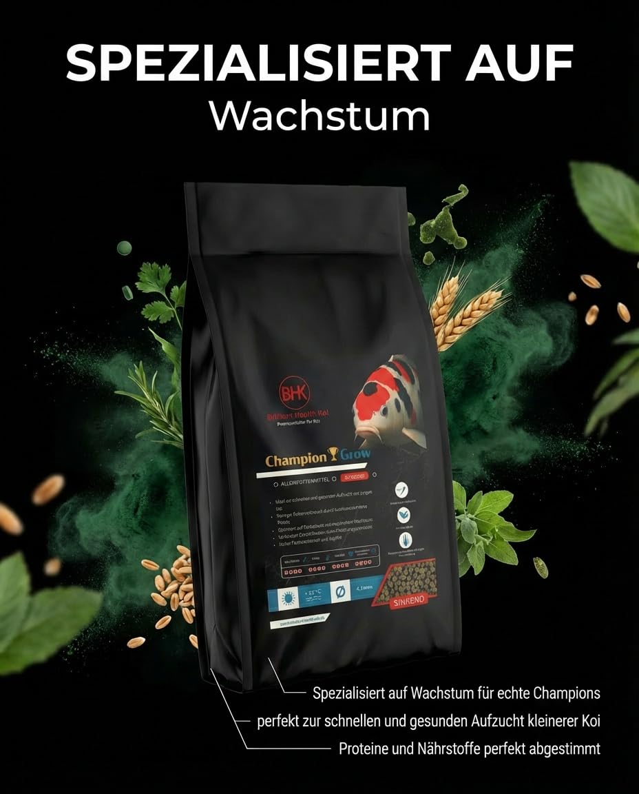 BHK Champion Grow Koi Futter sinkend für gezielte Fütterung und gesundes Wachstum - Premium Koifutter leicht verdaulich für Koi und Teichfische – 4,5 mm Pellets – 5 kg