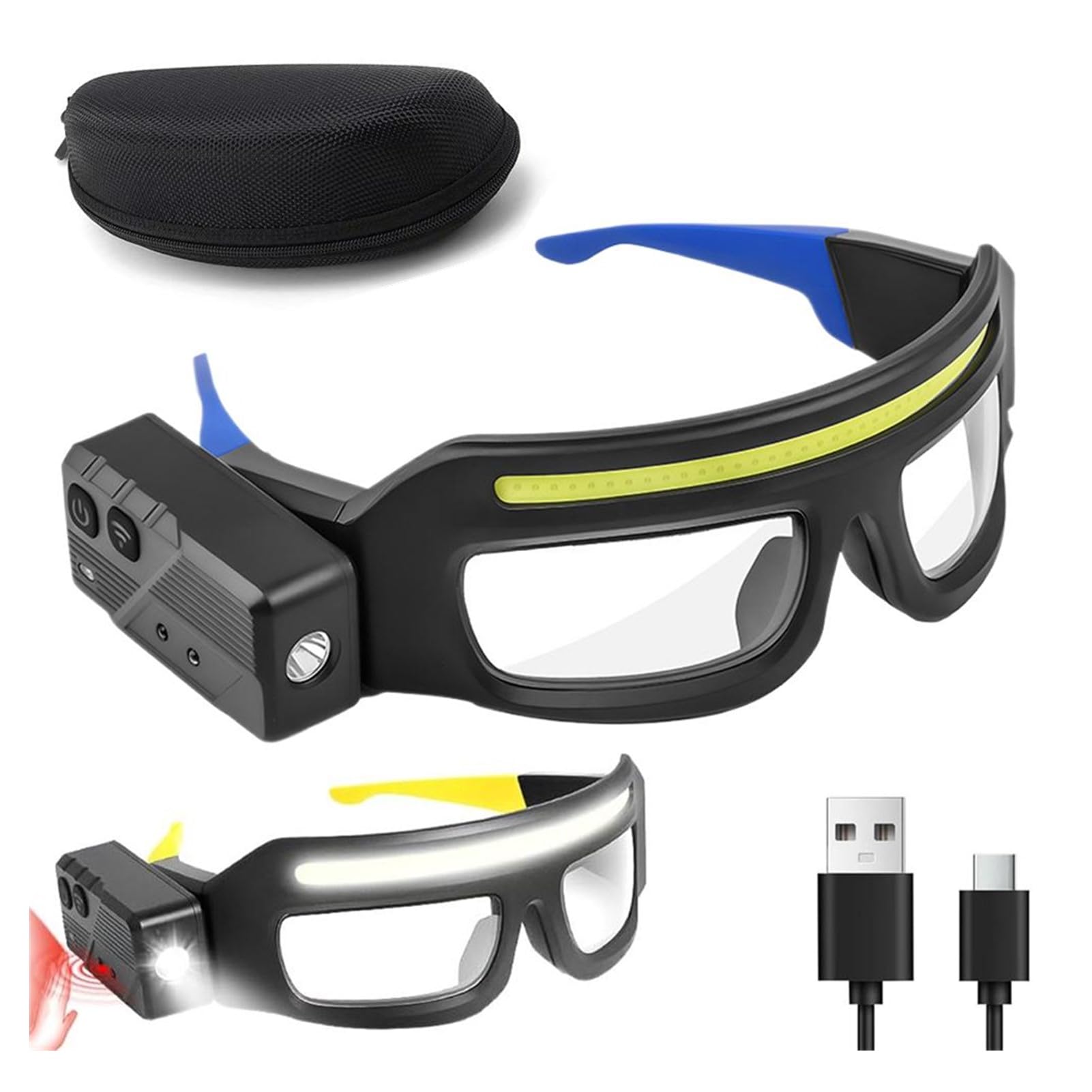 LED Rechargeable Headlight Glasses, Motion Sensor & Button Control, 5 Light Modes USB-C Light Up Eyewear, IPX4 Waterproof for Running Camping Fishing Cycling Hiking