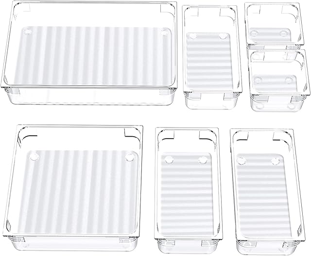 Drawer Organizers Trays, Separate Drawer Organizers Storage Divider 7 Pcs &4 Sizes, Transparent Makeup Organizer Drawer for Dressing Table Utensil Kitchen Bathroom Office Desk