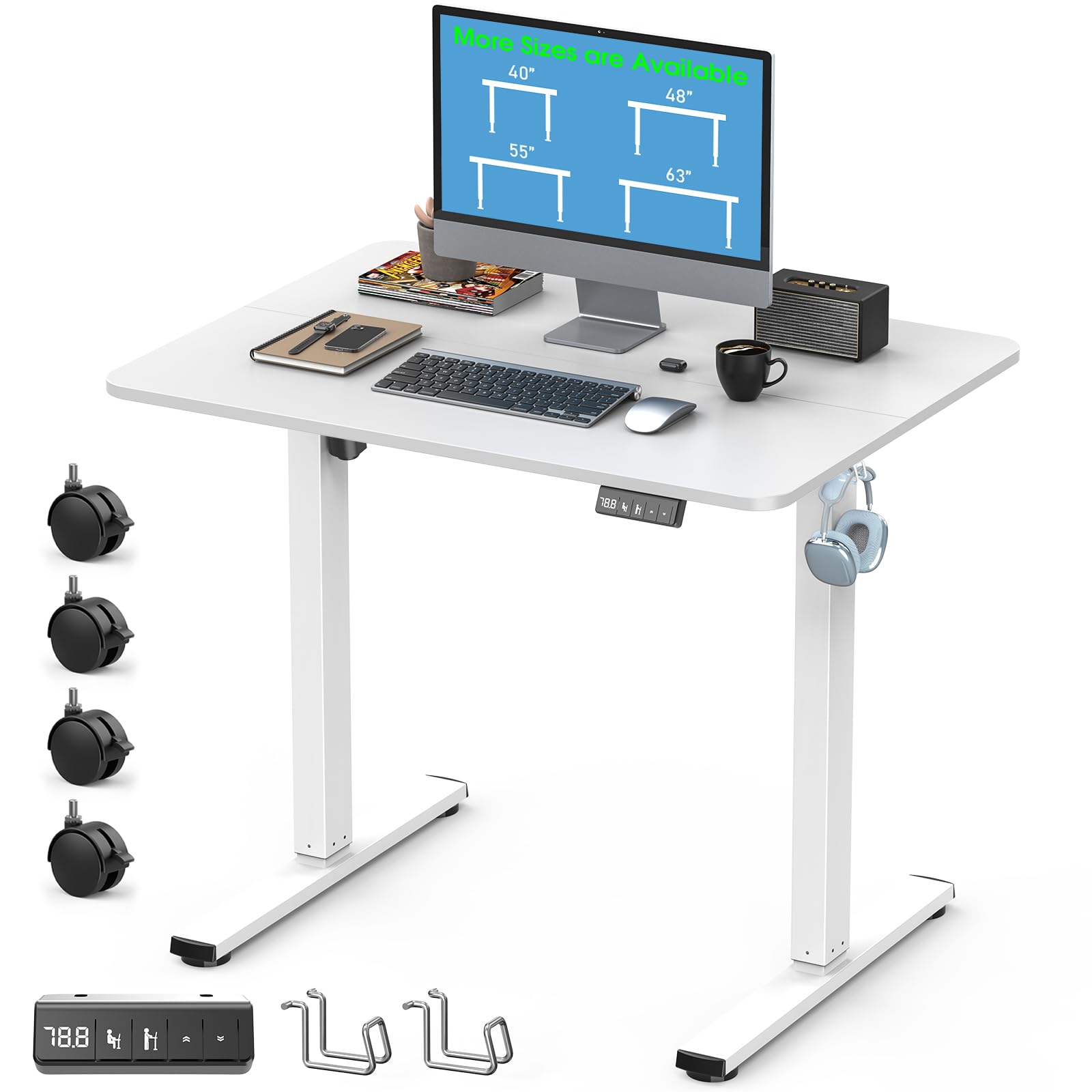small height adjustable electric standing desk, 31.5" x 23.6" sit stand up desk with splice board, ergonomic rising computer home office desk table with memory preset, white frame/white top