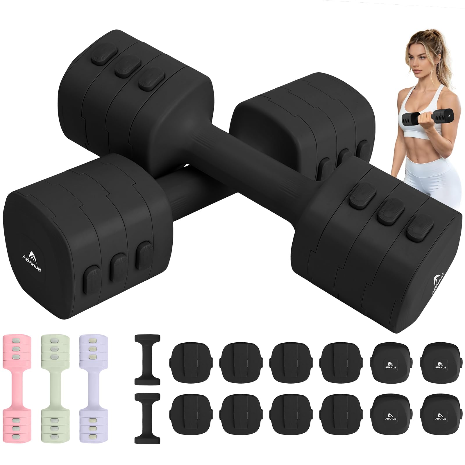Abahub Zestaw hantli regulowanych, 2,5 kg x 2 pary, hantle fitness, pilates, damskie | 4 w 1 regulowane hantle, ciężarki do siłowni, hantle do codziennego treningu, hantle z szybką regulacją wagi, czarne