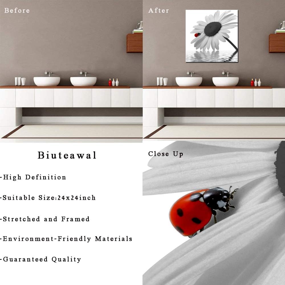 Biuteawal - Sunflower Canvas Wall Art Prints Ladybird on Floral Picture Painting Black and White Wall Decor for Home Kitchen Bathroom Ready to Hang