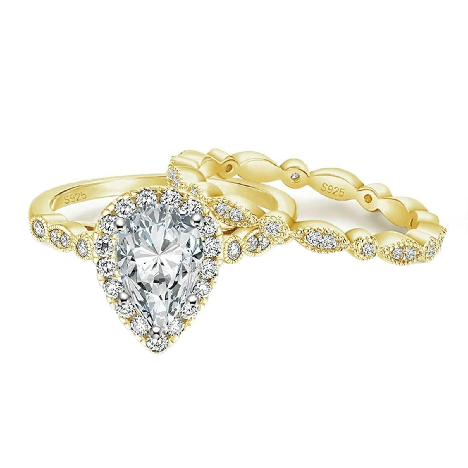 Gualiy Obrączki ślubne, srebro próby 925, damskie obrączki ślubne, pierścionki przyjaźni, zestaw 2 pierścionków 6 x 9 mm, 1,5 ct, cyrkonia, rozmiar 47-62