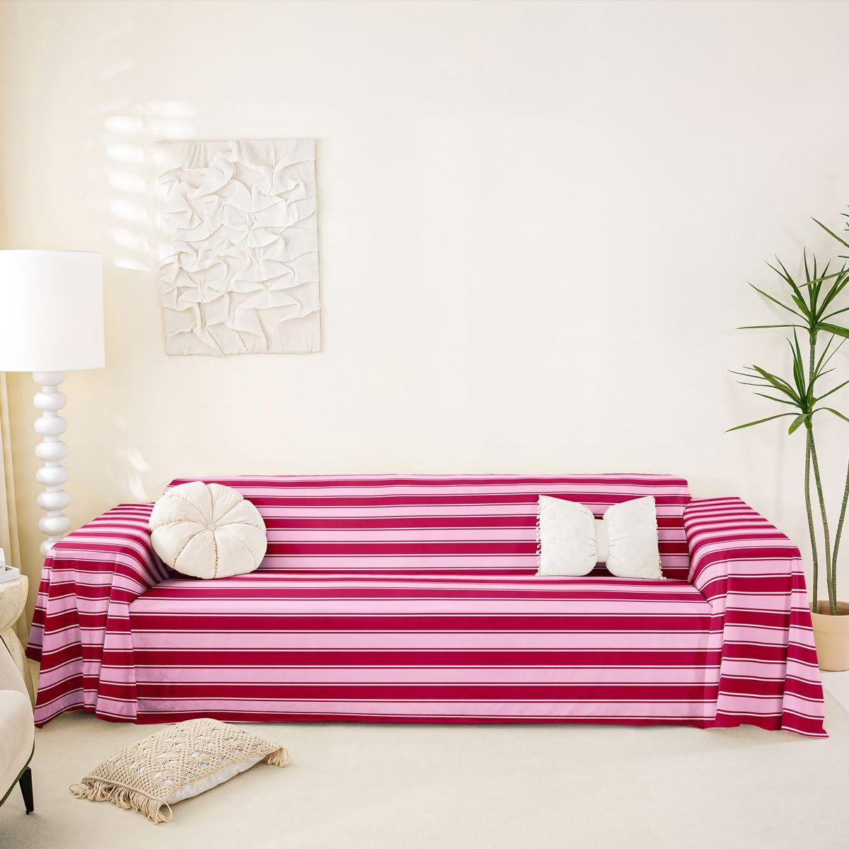 Homewish Funda de sofá a rayas rosas y rojas, 180 x 340 cm
