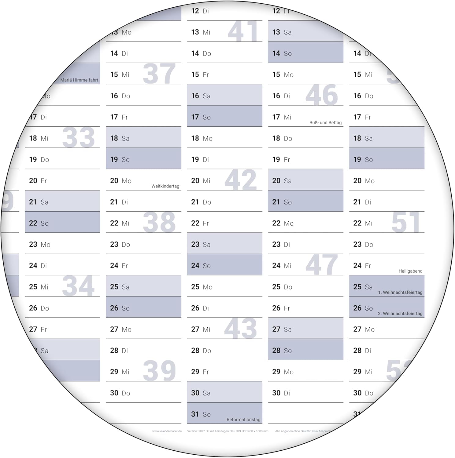 XXL Jahresplaner 2027 abwischbar, Wandkalender DIN A0 118 x 84 cm, gerollter Jahreskalender Deutsch, Wandplaner fürs Büro und Zuhause, inkl. 4 Stifte & Schwamm