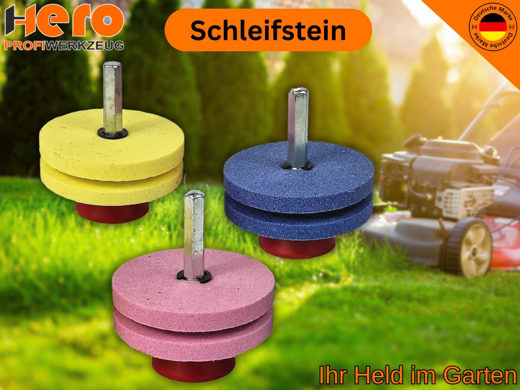 HERO Schleifstein Messerschärfer Set Rasenmäherschärfer 3-tlg für Bohrmaschinen Schärfer für Rasenmäher Bohrmessern, Mähern, Sichelmessern, Rotofräsen, Messer Gartenwerkzeuge